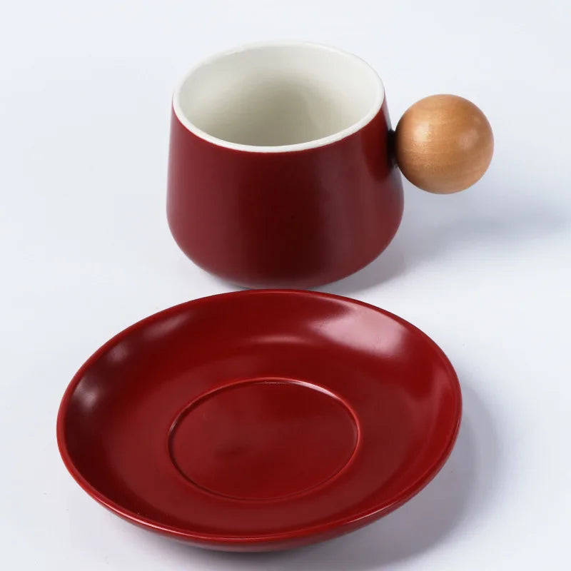 Home Coffee Cup and Saucer Set Expensive Mug Gift Ceramic Vintage Tea Set Wooden Handle Classic Mug Solid Color Ceramic Teacup
