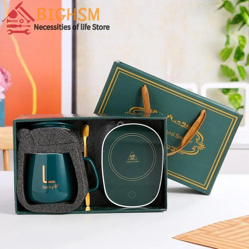 1 Set 55℃ Thermal Ceramic Mug Portable USB Rechargeable Heating Cup With Stainless Steel Spoon Gift Kit For Travel Office Gift