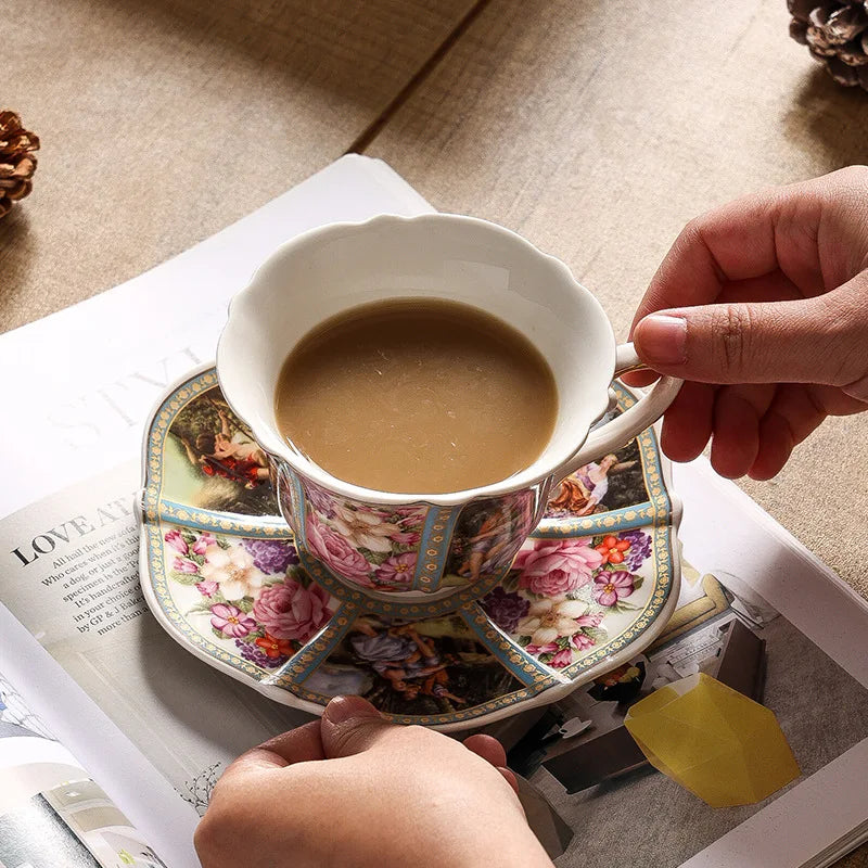 Coffee mug Western court coffee cup with plate Golden edged floral ceramic cup Exquisite tea set afternoon tea light luxury
