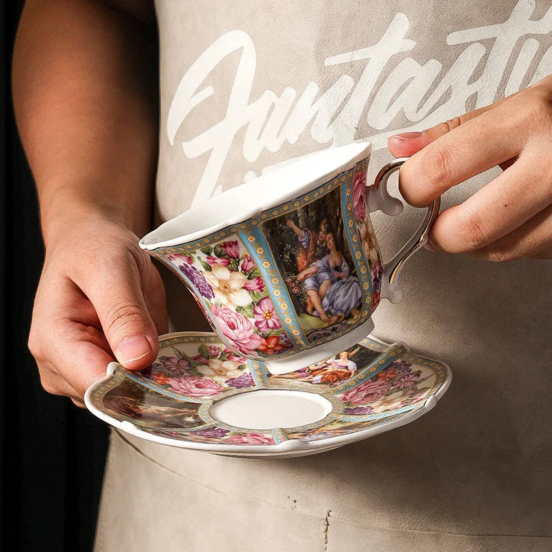 Coffee mug Western court coffee cup with plate Golden edged floral ceramic cup Exquisite tea set afternoon tea light luxury
